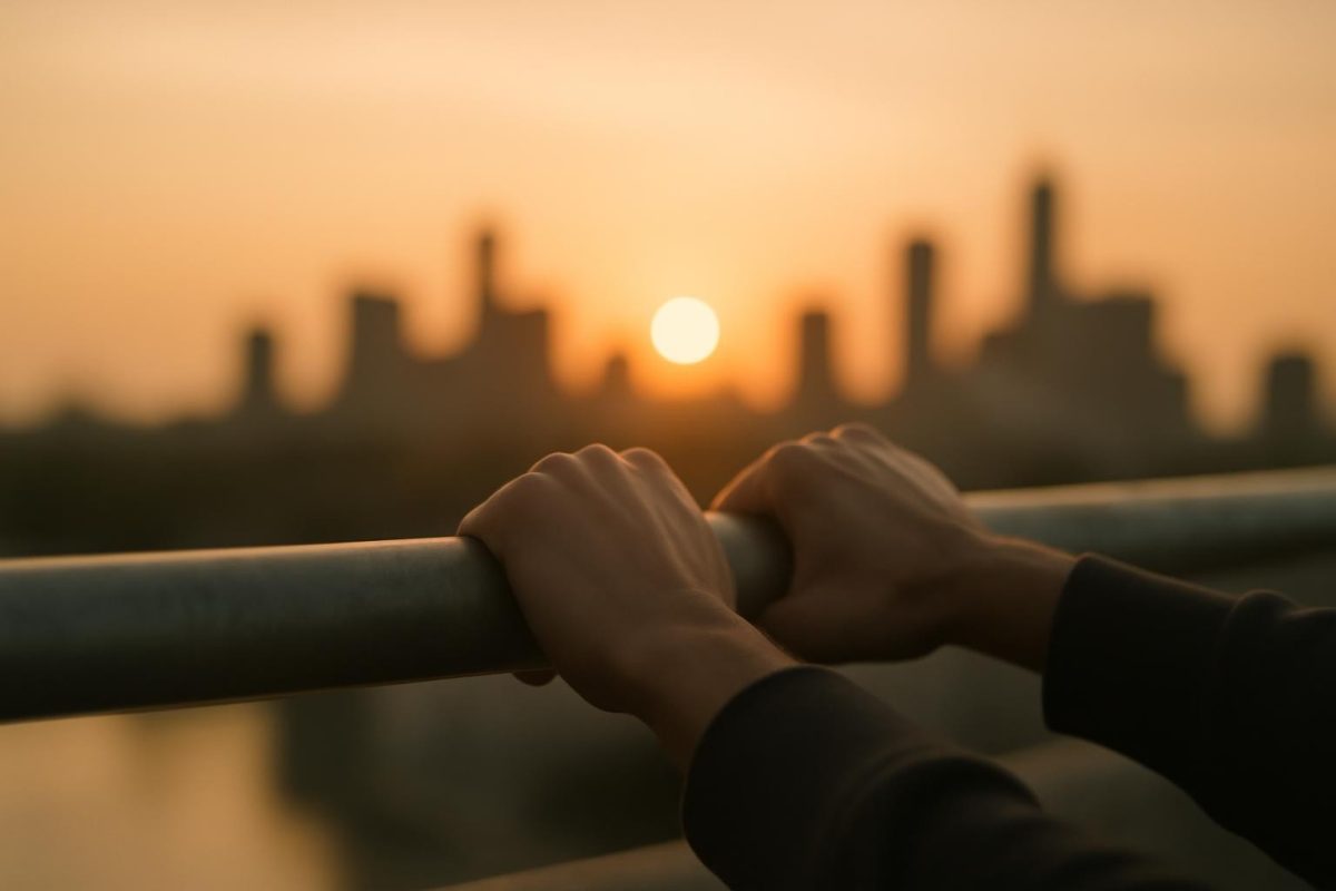 Mãos segurando corrimão frio ao amanhecer com luz quente ao fundo, representando o medo transformado em impulso para agir