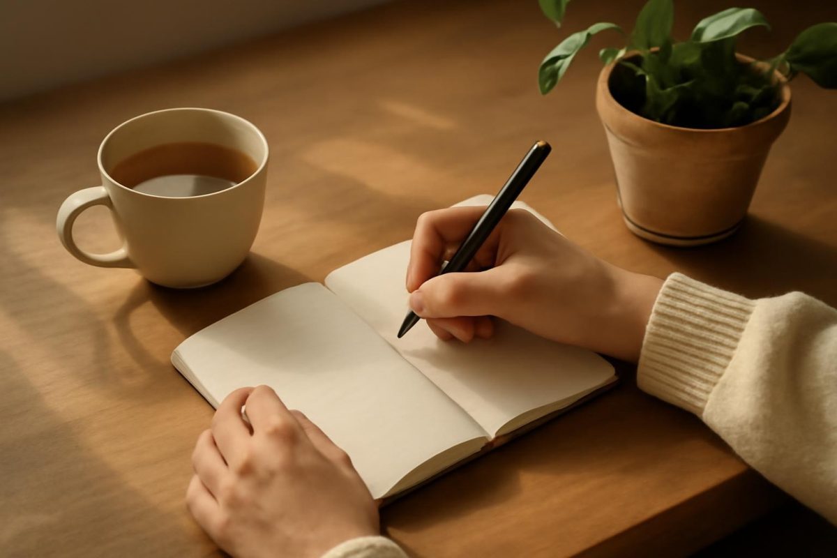 Mãos escrevendo em um caderno em uma mesa de madeira, com xícara de chá e planta ao lado, representando autocuidado