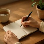 Mãos escrevendo em um caderno em uma mesa de madeira, com xícara de chá e planta ao lado, representando autocuidado