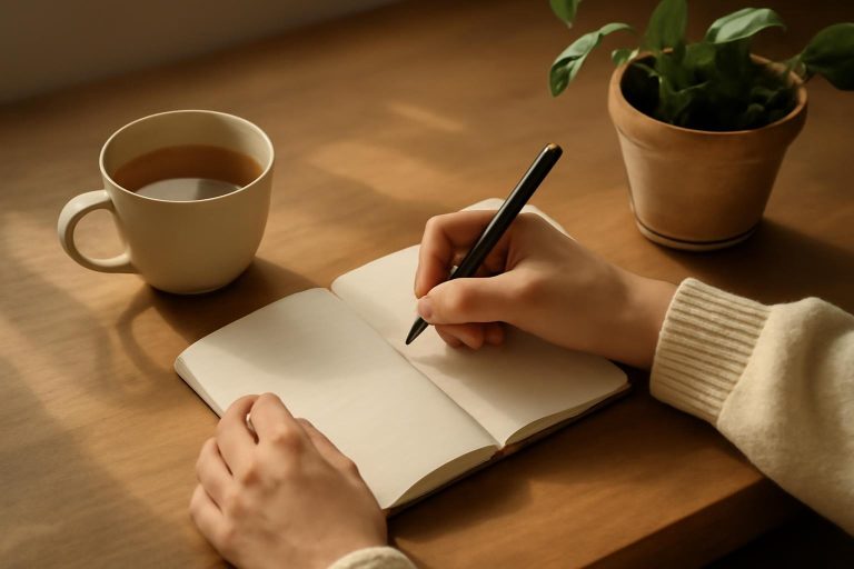 Mãos escrevendo em um caderno em uma mesa de madeira, com xícara de chá e planta ao lado, representando autocuidado
