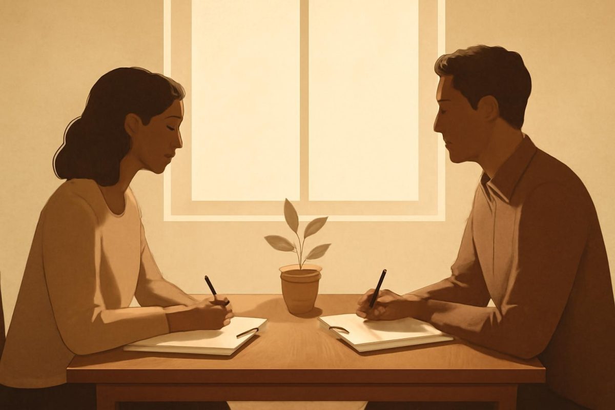 mente mestra no casamento: a aliança pessoal suprema 1 Casal sentado à mesa com cadernos abertos, simbolizando aliança e propósito comum no casamento