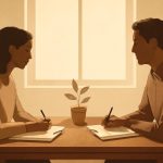Casal sentado à mesa com cadernos abertos, simbolizando aliança e propósito comum no casamento