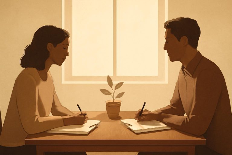 Casal sentado à mesa com cadernos abertos, simbolizando aliança e propósito comum no casamento