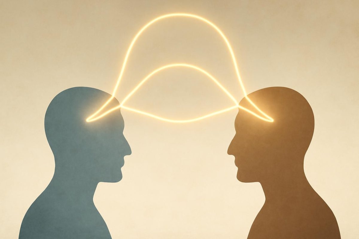 Ilustração de duas mentes conectadas por linhas luminosas formando uma terceira mente acima, representando a aliança