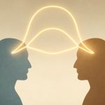 Ilustração de duas mentes conectadas por linhas luminosas formando uma terceira mente acima, representando a aliança