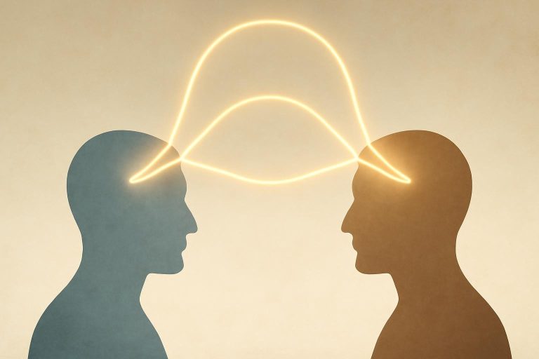 Ilustração de duas mentes conectadas por linhas luminosas formando uma terceira mente acima, representando a aliança