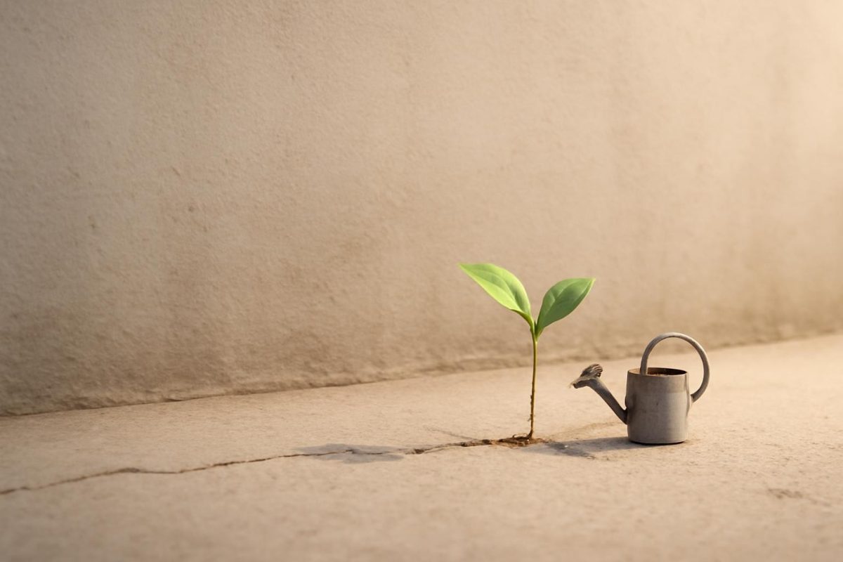 Ilustração de uma pequena planta brotando de uma fenda no concreto, regada por um pequeno regador, simbolizando micro-hábitos