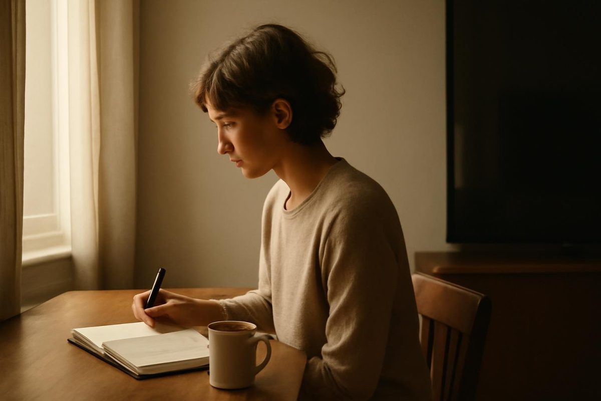 Pessoa sentada à mesa escrevendo em um caderno aberto, com xícara de café e luz suave da manhã, em clima de reflexão.