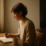 Pessoa sentada à mesa escrevendo em um caderno aberto, com xícara de café e luz suave da manhã, em clima de reflexão.