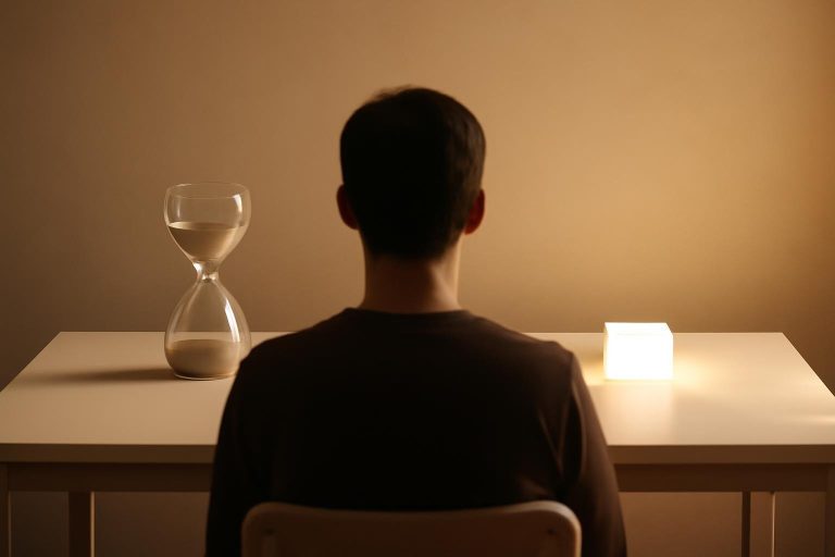 Ilustração de pessoa em mesa de trabalho diante de ampulheta e um pequeno degrau iluminado, simbolizando a escolha entre