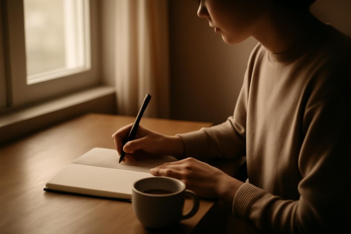 como perdoar alguém que me machucou: exercícios possíveis 1 Pessoa escrevendo em um caderno perto da janela, em ambiente calmo, durante um exercício de perdão