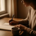 Pessoa escrevendo em um caderno perto da janela, em ambiente calmo, durante um exercício de perdão