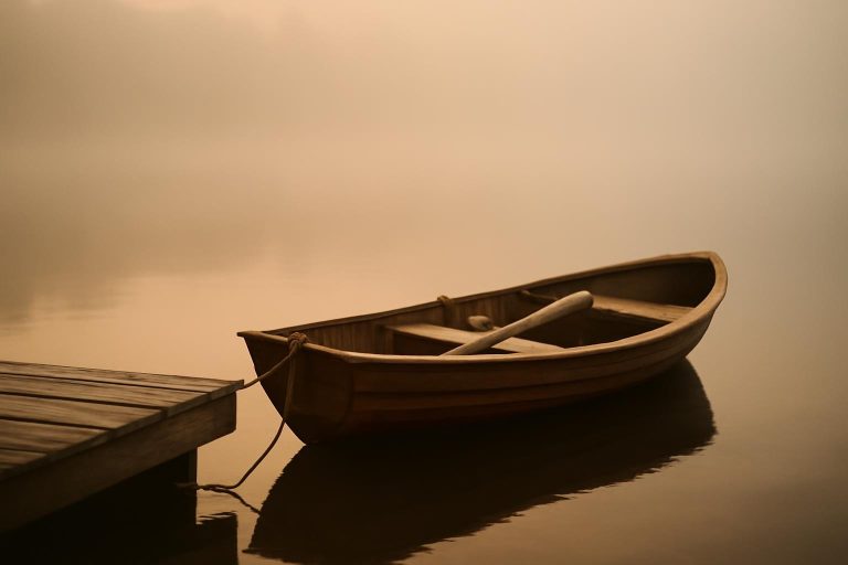 Barco a remo ancorado em doca com neblina ao amanhecer, representando persistência diante do medo
