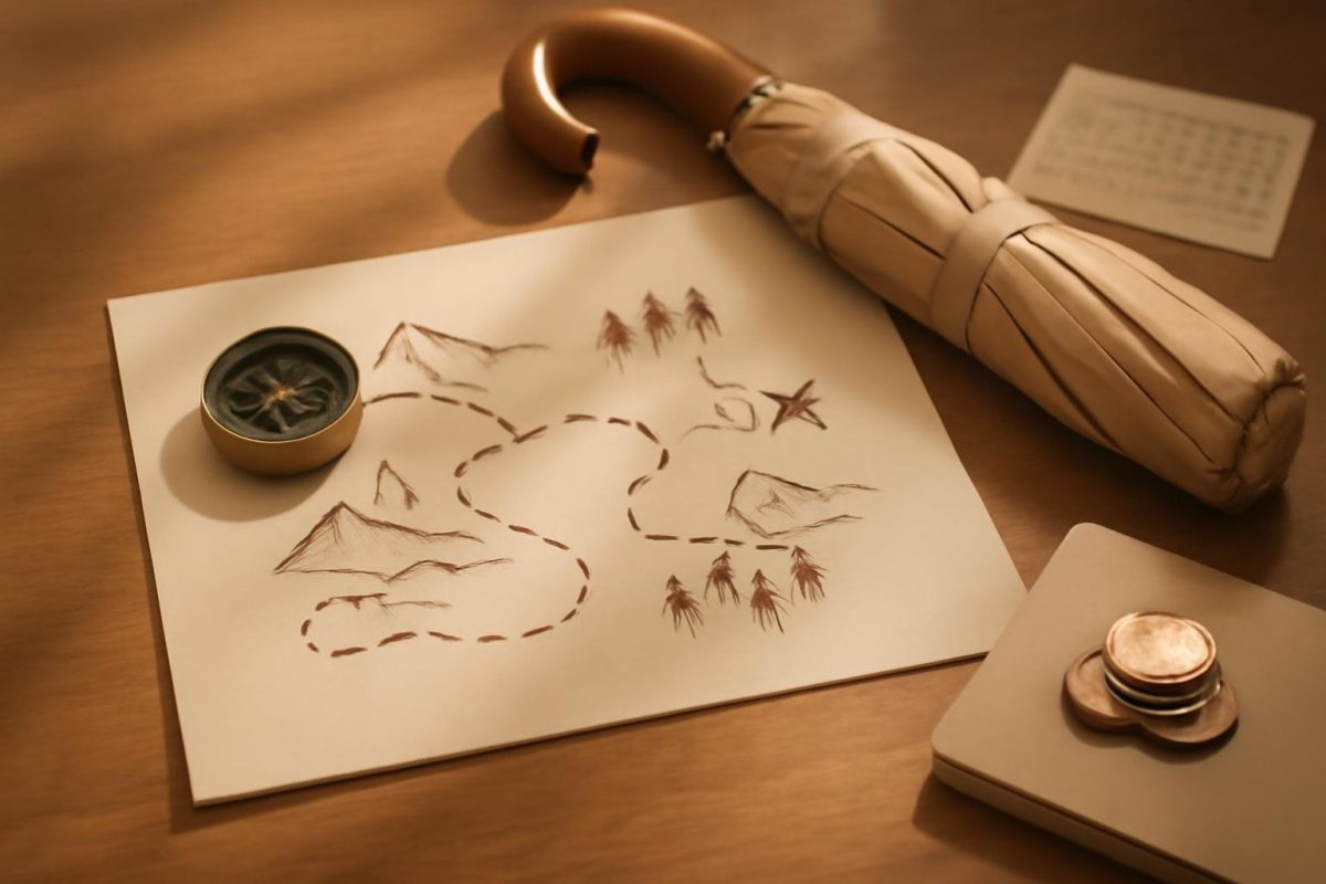 Mesa de arquiteto com mapa de rota, bússola, guarda-chuva dobrado, calendário e moedas representando um plano com folga
