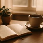 Caderno aberto com anotações, xícara de café e planta em mesa iluminada pela luz do sol, representando prática diária da lei