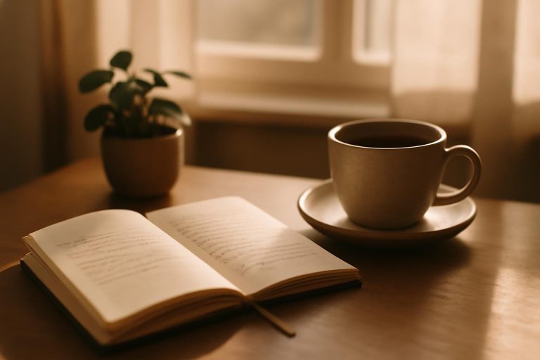 Caderno aberto com anotações, xícara de café e planta em mesa iluminada pela luz do sol, representando prática diária da lei