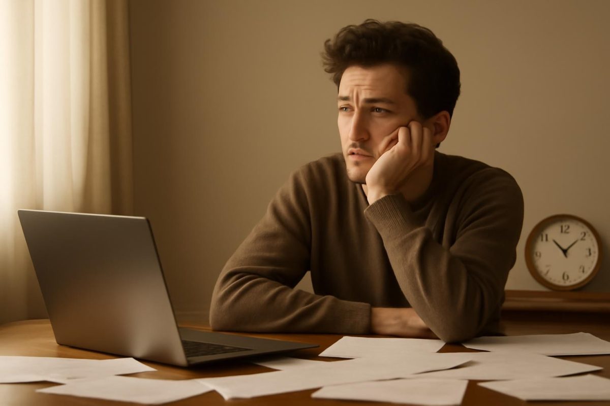 procrastinação crônica: o que é e como sair desse ciclo 1 Pessoa sentada à mesa com laptop e papéis, refletindo sobre o ciclo de procrastinação crônica.