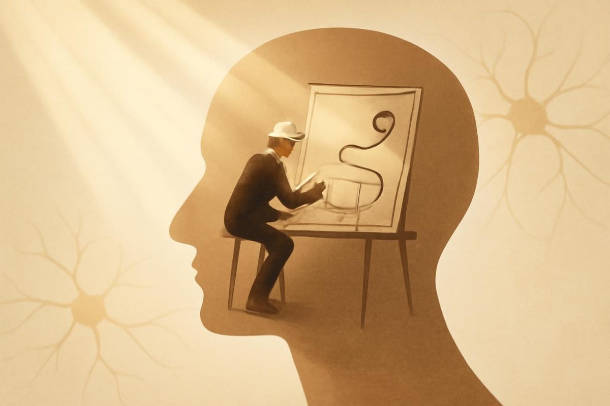 Ilustração de um arquiteto invisível dentro da mente, desenhando o projeto de uma vida, representando a programação