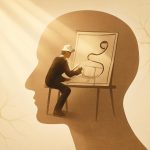 Ilustração de um arquiteto invisível dentro da mente, desenhando o projeto de uma vida, representando a programação