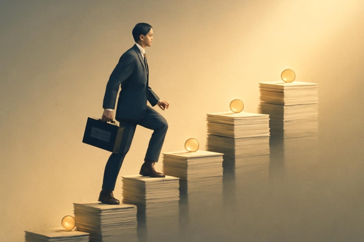 Ilustração de profissional subindo escada feita de documentos e moedas, representando passos práticos para ser promovido