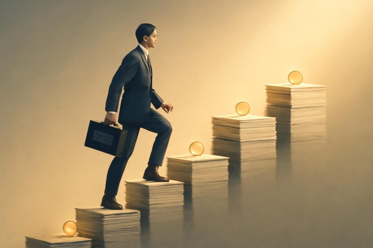 Ilustração de profissional subindo escada feita de documentos e moedas, representando passos práticos para ser promovido