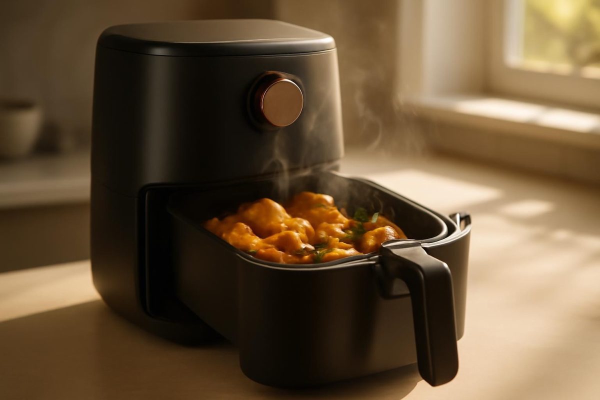 Air fryer aberta com legumes assados e frango dourado, vapor saindo, em cozinha moderna