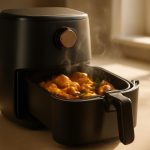 Air fryer aberta com legumes assados e frango dourado, vapor saindo, em cozinha moderna