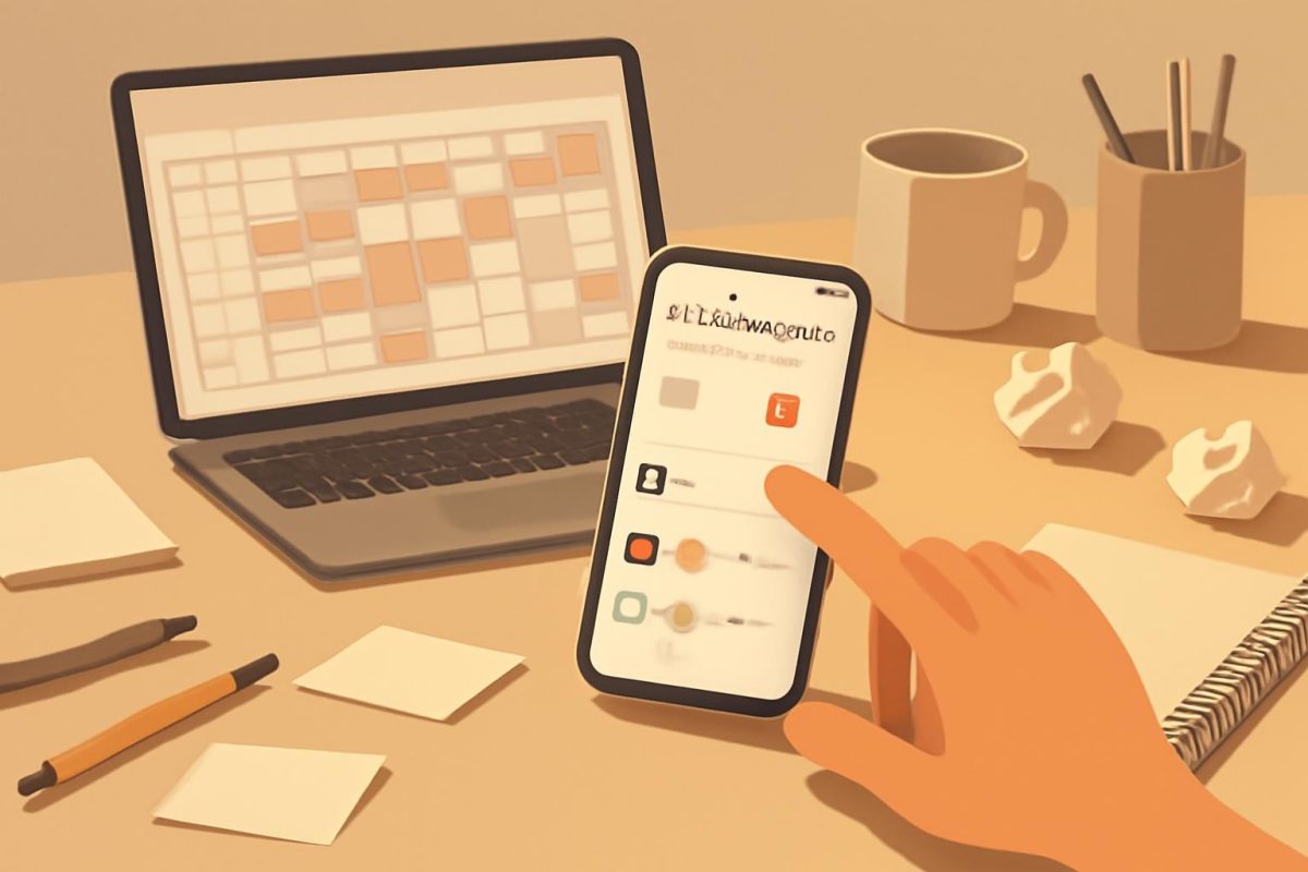 Ilustração de uma mesa de trabalho com agenda cheia de reuniões e um celular com notificações sendo silenciadas