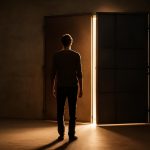 Pessoa diante de uma porta de aço entreaberta, simbolizando resiliência emocional e superação de derrotas.
