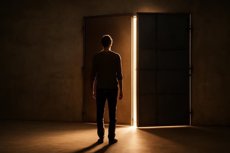 Pessoa diante de uma porta de aço entreaberta, simbolizando resiliência emocional e superação de derrotas.