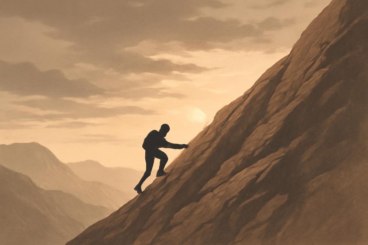 resiliência não é opcional: como treinar a mente para não desistir 1 Pessoa escalando montanha íngreme ao amanhecer, representando resiliência e persistência mental.