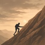Pessoa escalando montanha íngreme ao amanhecer, representando resiliência e persistência mental.