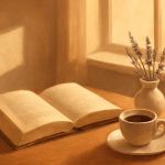 Livro aberto sobre mesa de madeira ao lado de xícara de café e ramo de lavanda, iluminado por luz de fim de tarde