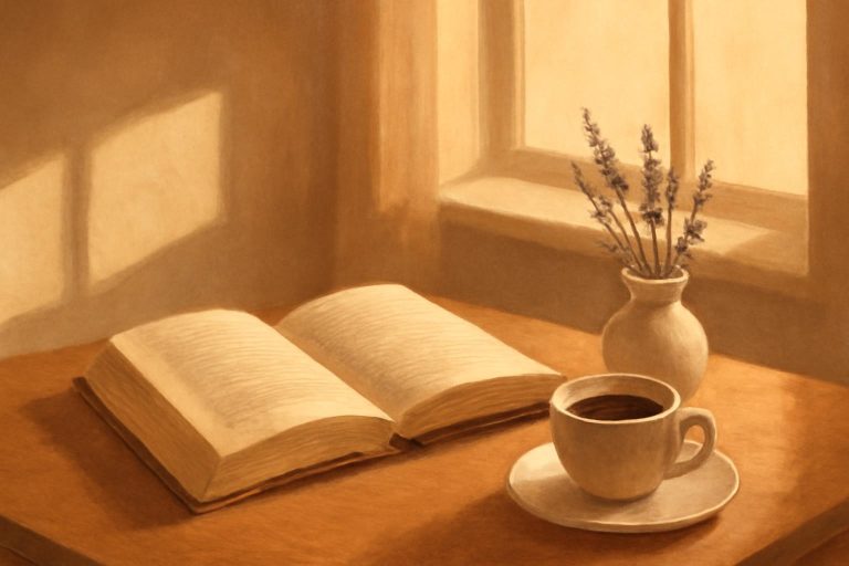 Livro aberto sobre mesa de madeira ao lado de xícara de café e ramo de lavanda, iluminado por luz de fim de tarde