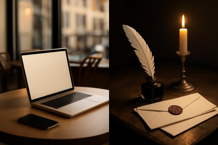 Imagem dividida: à esquerda, café moderno com laptop e celular; à direita, escrivaninha antiga com pena e cartas lacradas.