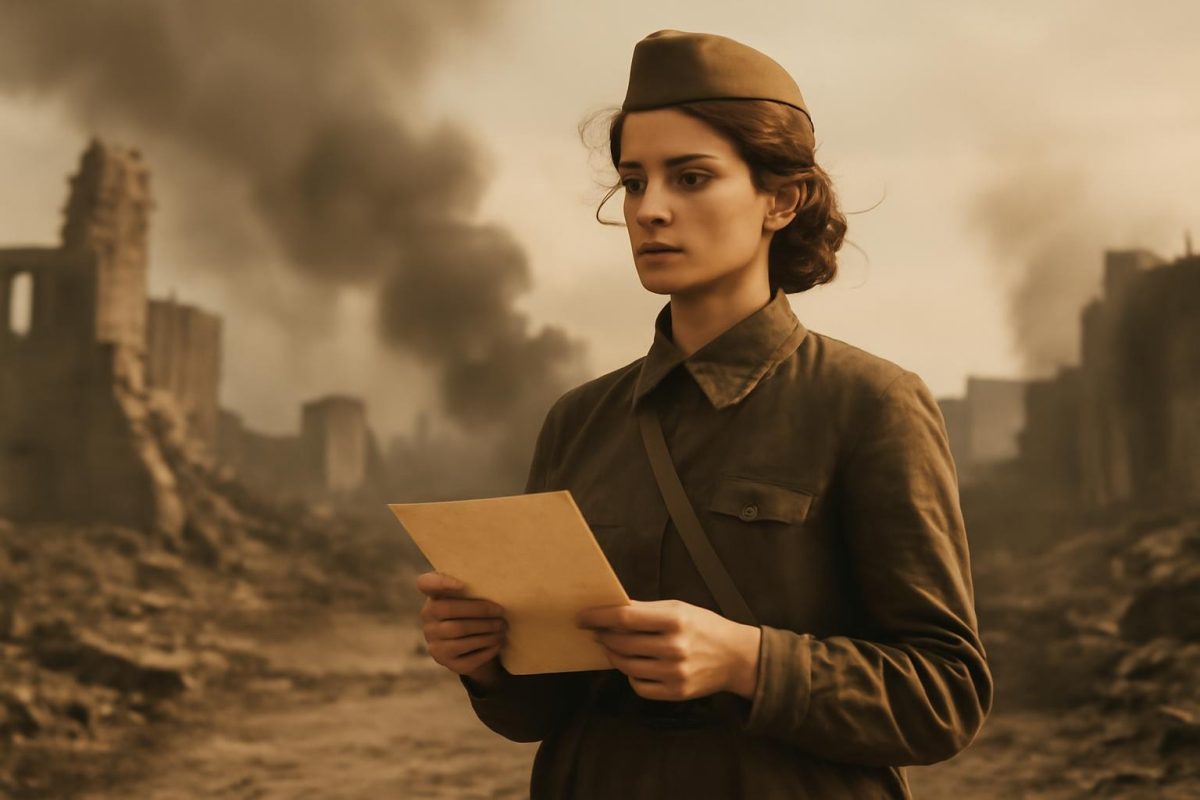 Mulher determinada em cenário de guerra, segurando um mapa, com ruínas e fumaça ao fundo, representando protagonista feminina