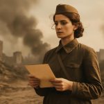 Mulher determinada em cenário de guerra, segurando um mapa, com ruínas e fumaça ao fundo, representando protagonista feminina