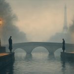 Ilustração de duas silhuetas separadas em uma ponte enevoada sobre o rio Sena ao amanhecer