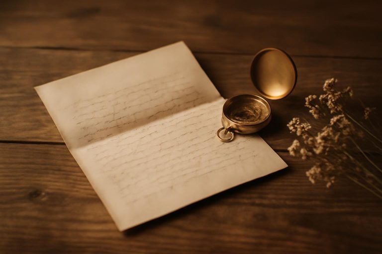 Carta antiga aberta sobre mesa de madeira com bússola e flores secas, representando romance de reencontro e memórias