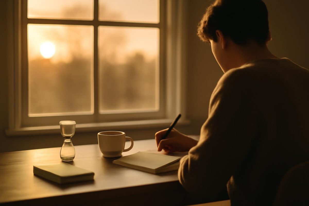 Pessoa escrevendo em caderno ao lado de ampulheta e café, em mesa perto da janela com luz da manhã, representando aplicação