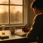 Pessoa escrevendo em caderno ao lado de ampulheta e café, em mesa perto da janela com luz da manhã, representando aplicação