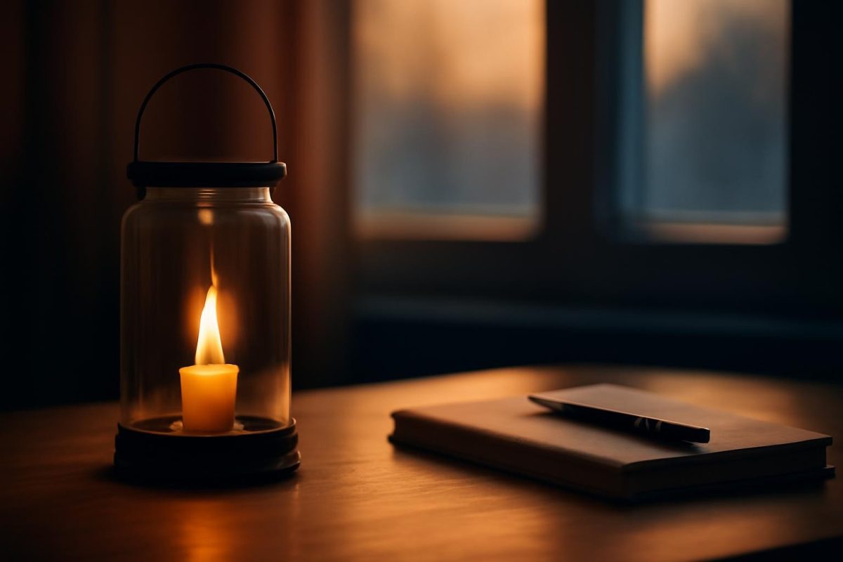 como ter entusiasmo: guia prático para sustentar essa energia 1 Lanterna com chama acesa sobre mesa de madeira iluminada pela luz da manhã, representando energia sustentada