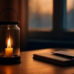 Lanterna com chama acesa sobre mesa de madeira iluminada pela luz da manhã, representando energia sustentada