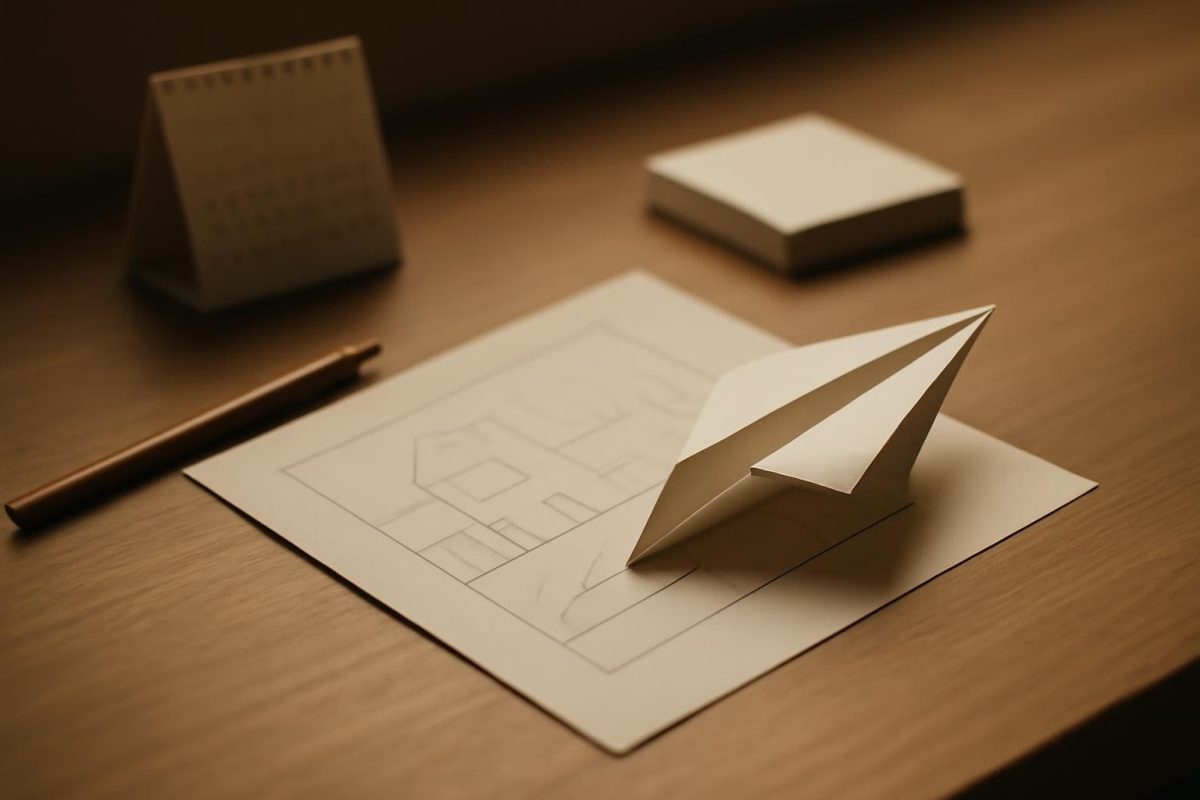 como transformar ideias em ação: do rascunho ao primeiro passo 1 Mesa de trabalho com rascunho, lápis, calendário e avião de papel representando a passagem da ideia ao primeiro passo