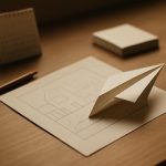 Mesa de trabalho com rascunho, lápis, calendário e avião de papel representando a passagem da ideia ao primeiro passo