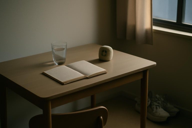 Mesa minimalista ao amanhecer com caderno, cronômetro e tênis, representando o treino mental diário para vencer
