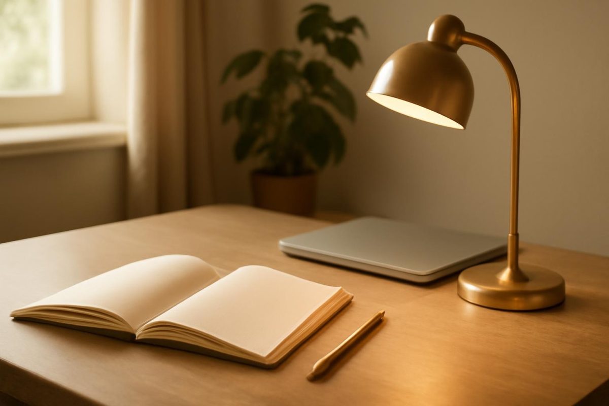 Mesa de estudos organizada com caderno aberto, lápis, luminária e laptop fechado, em ambiente aconchegante.