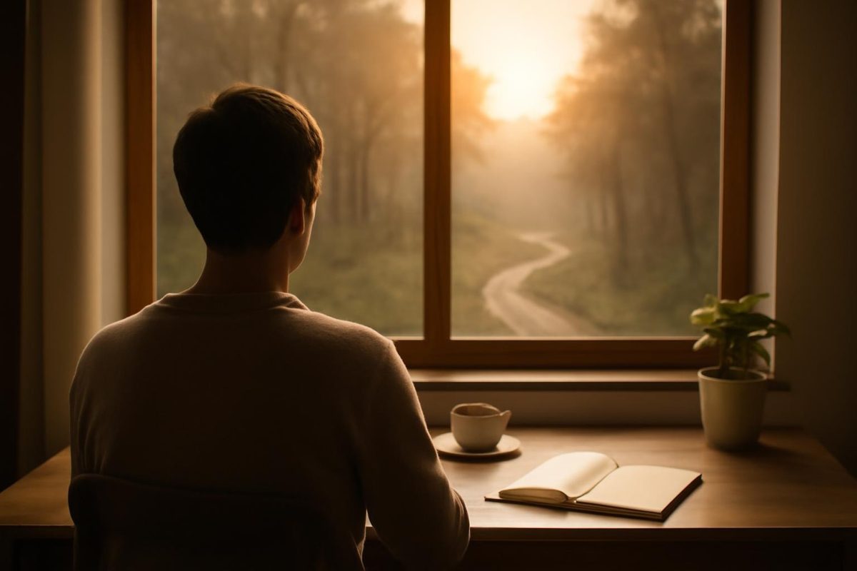 Pessoa em uma mesa com caderno e café olhando pela janela para uma trilha na floresta ao amanhecer, simbolizando a saída