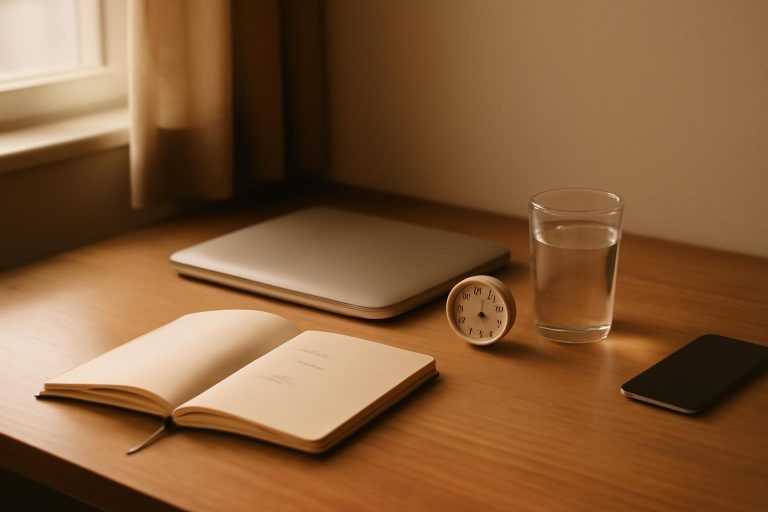 Mesa organizada com caderno, cronômetro e celular afastado, representando ambiente preparado para manter o foco