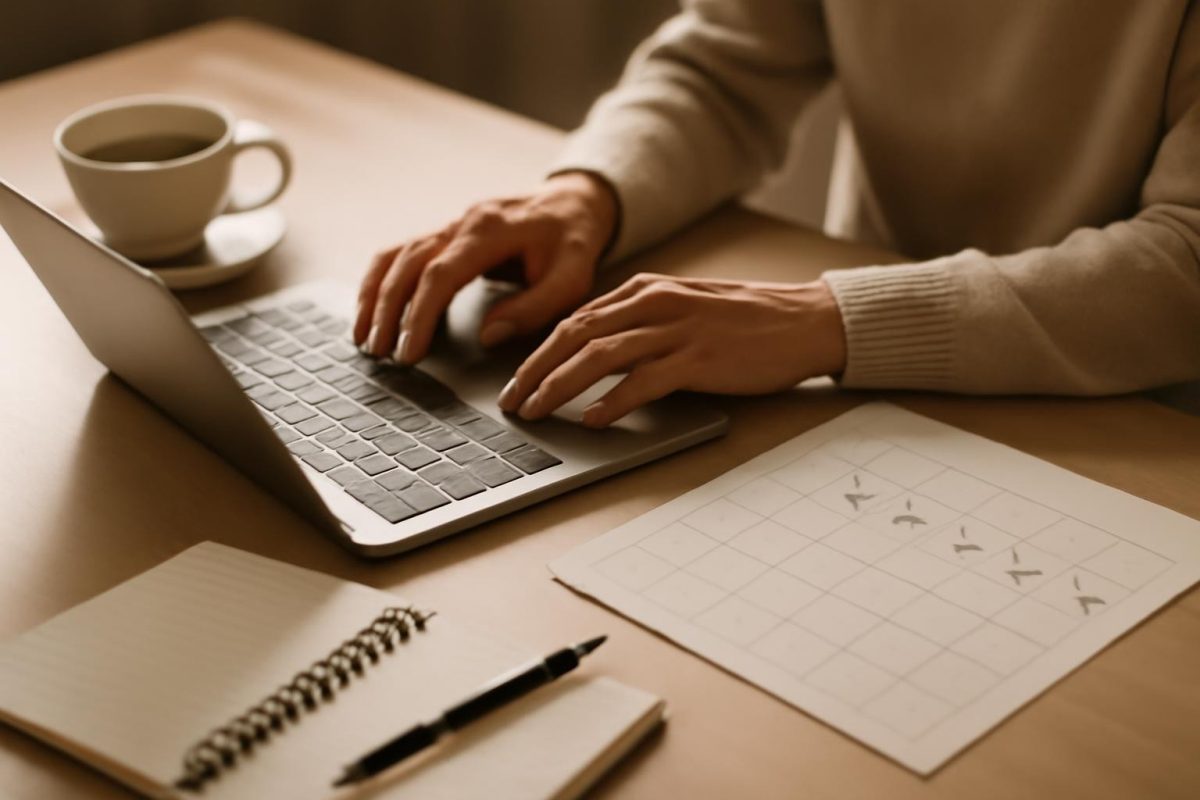 Mesa de trabalho organizada com laptop, caderno e café, representando foco e produtividade no ambiente profissional.